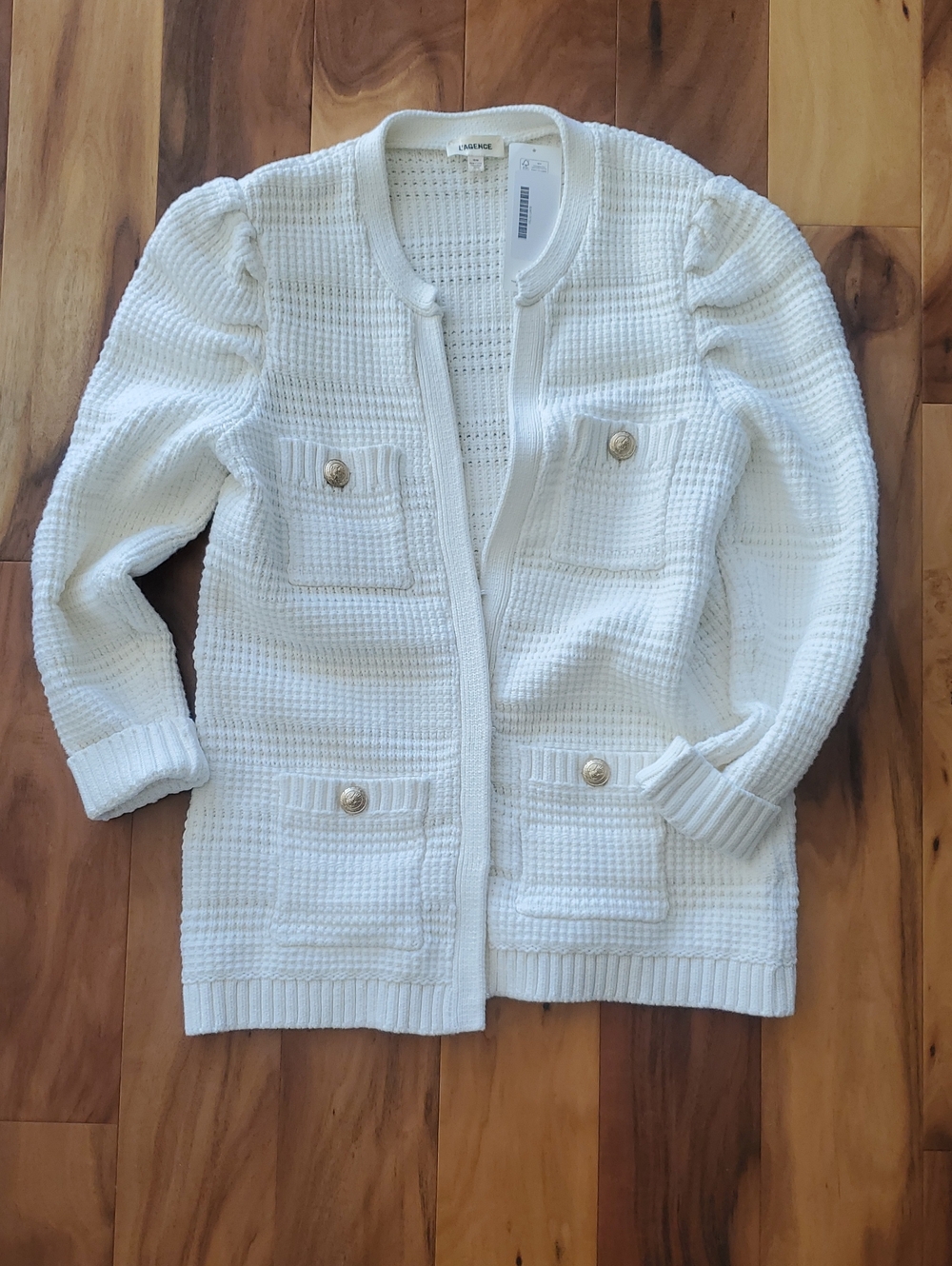 L'AGENCE Ivory Textured Waffle Pocket Cardigan